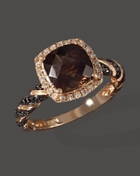 Black and white diamonds frame a checkerboard smoky quartz, set in 14K rose gold. Black and white diamonds frame a checkerboard smoky quartz, set in 14K rose gold.