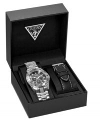 Two options for every day sophistication: choose either stainless steel bracelet or black leather strap. Stainless steel case and bezel with classic black dial featuring day, date and military-time subdials. Three-hand, quartz movement. Water resistant to 330 feet. Two options for every day sophistication: choose either stainless steel bracelet or black leather strap. Stainless steel case and bezel with classic black dial featuring day, date and military-time subdials. Three-hand, quartz movement. Water resistant to 330 feet.