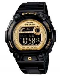 Rise and shine with the tides with this BLX series Baby-G watch. Crafted of black resin strap and round case with golden accents. Shock-resistant black negative digital display dial features tide graph, EL backlight with afterglow, day and date feature, world time, 2 multifunction alarms, snooze, 1/100 second stopwatch, countdown timer, 12/24 hour formats, full automatic calendar and mute function. Quartz movement. Water resistant to 200 meters. One-year limited warranty. Rise and shine with the tides with this BLX series Baby-G watch. Crafted of black resin strap and round case with golden accents. Shock-resistant black negative digital display dial features tide graph, EL backlight with afterglow, day and date feature, world time, 2 multifunction alarms, snooze, 1/100 second stopwatch, countdown timer, 12/24 hour formats, full automatic calendar and mute function. Quartz movement. Water resistant to 200 meters. One-year limited warranty.