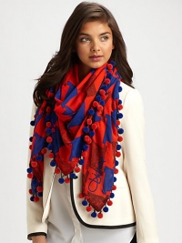 Brilliant pops of color on a lightweight square design with an embellished hem.75% viscose/25% woolAbout 50 X 50Dry cleanImported Brilliant pops of color on a lightweight square design with an embellished hem.75% viscose/25% woolAbout 50 X 50Dry cleanImported