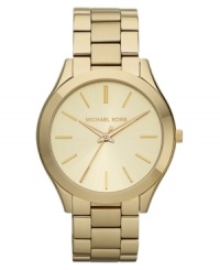 Statement making gold tones accent this slim Runway collection watch from Michael Kors. Statement making gold tones accent this slim Runway collection watch from Michael Kors.