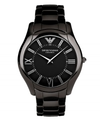 Sleek sophistication. Slim-profile watch by Emporio Armani crafted of black ceramic bracelet and round case. Black dial features silver tone Roman numerals, minute track, two hands and logo. Quartz movement. Water resistant to 30 meters. Two-year limited warranty. Sleek sophistication. Slim-profile watch by Emporio Armani crafted of black ceramic bracelet and round case. Black dial features silver tone Roman numerals, minute track, two hands and logo. Quartz movement. Water resistant to 30 meters. Two-year limited warranty.