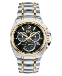 A refined look with a multitude of functions. This ESQ by Movado watch features a goldtone and silvertone stainless steel bracelet and round case. Black chronograph dial with goldtone stick indices, logo, date window and three subdials. Swiss made. Quartz movement. Water resistant to 30 meters. Two-year limited warranty. A refined look with a multitude of functions. This ESQ by Movado watch features a goldtone and silvertone stainless steel bracelet and round case. Black chronograph dial with goldtone stick indices, logo, date window and three subdials. Swiss made. Quartz movement. Water resistant to 30 meters. Two-year limited warranty.