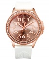 Sparkling accents, crisp white hues and rosy color create this chic Jetsetter watch from Juicy Couture.