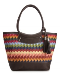 Heat up your handbag collection with a striking woven design from Nine West. This pretty satchel silhouette is decorated with silvertone hardware and tassel accents. Heat up your handbag collection with a striking woven design from Nine West. This pretty satchel silhouette is decorated with silvertone hardware and tassel accents.