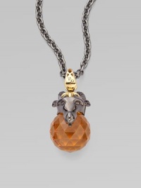 A goldplated and black rhodium plated sterling silver creature, complete with pavé black cubic zirconia, looms over a topaz crystal, strung on a long elegant chain.Topaz crystal Cubic zirconia Goldplated sterling silver Black rhodium plated sterling silver Chain length, about 30 Pendant width, about 1½ Lobster clasp Imported A goldplated and black rhodium plated sterling silver creature, complete with pavé black cubic zirconia, looms over a topaz crystal, strung on a long elegant chain.Topaz crystal Cubic zirconia Goldplated sterling silver Black rhodium plated sterling silver Chain length, about 30 Pendant width, about 1½ Lobster clasp Imported