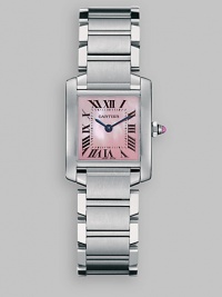Stainless steel crown set with synthetic cabachon-shaped spinal has pink mother-of-pearl dial and stainless steel bracelet. Cartier quartz movement Case, 26mm X 20mm, 0.98 X 0.79 Black steel hands Roman numerals and minute markers 6 adjustable strap Made in Switzerland