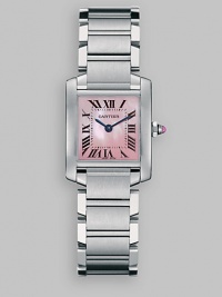 Stainless steel crown set with synthetic cabachon-shaped spinal has pink mother-of-pearl dial and stainless steel bracelet. Cartier quartz movement Case, 26mm X 20mm, 0.98 X 0.79 Black steel hands Roman numerals and minute markers 6 adjustable strap Made in Switzerland Stainless steel crown set with synthetic cabachon-shaped spinal has pink mother-of-pearl dial and stainless steel bracelet. Cartier quartz movement Case, 26mm X 20mm, 0.98 X 0.79 Black steel hands Roman numerals and minute markers 6 adjustable strap Made in Switzerland