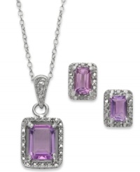 Brighten your day with sparkling hues. Victoria Townsend's pretty matching jewelry set features chic, emerald-cut amethyst (2-3/4 ct. t.w.) and diamond accents in sterling silver. Approximate length: 18 inches. Approximate drop (pendant) 7/8 inch. Approximate drop length (earrings): 3/8 inch. Approximate drop width (earrings): 1/4 inch. Brighten your day with sparkling hues. Victoria Townsend's pretty matching jewelry set features chic, emerald-cut amethyst (2-3/4 ct. t.w.) and diamond accents in sterling silver. Approximate length: 18 inches. Approximate drop (pendant) 7/8 inch. Approximate drop length (earrings): 3/8 inch. Approximate drop width (earrings): 1/4 inch.