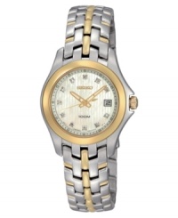 Decadent design, by Seiko. This watch features a goldtone and silvertone stainless steel bracelet and round case, 13mm. Goldtone bezel. Mother-of-pearl dial with logo, date window and diamond accents at indices. Analog quartz movement. Water resistant to 100 meters. Three-year limited warranty.