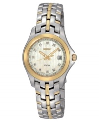 Decadent design, by Seiko. This watch features a goldtone and silvertone stainless steel bracelet and round case, 13mm. Goldtone bezel. Mother-of-pearl dial with logo, date window and diamond accents at indices. Analog quartz movement. Water resistant to 100 meters. Three-year limited warranty. Decadent design, by Seiko. This watch features a goldtone and silvertone stainless steel bracelet and round case, 13mm. Goldtone bezel. Mother-of-pearl dial with logo, date window and diamond accents at indices. Analog quartz movement. Water resistant to 100 meters. Three-year limited warranty.