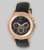 Gorgeous rose gold IP and a black leather strap give this tony timepiece a classic look.Quartz movementWater resistant to 10 ATMRose gold IP and black glass case, 45mm (1.8)Smooth rose gold IP bezelBlack dialThree chronograph sub-dialsBar markersSecond handBlack rubber strapImported