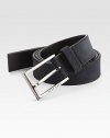 A brilliant, logo embossed silver buckle fastens this wardrobe essential of soft suede.SuedeAbout 1 wideImported