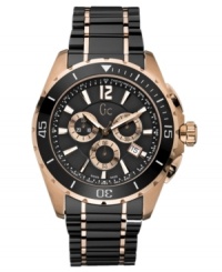 Big city playground-approved. Watch by Gc Swiss Made Timepieces crafted of black high-tech ceramic and round rose-gold tone PVD case. Black ceramic turning bezel with silver tone numerals. Black chronograph dial features applied silver tone numeral at twelve o'clock, stick indices, tachymeter scale, date window at four o'clock, luminous hands and logo. Swiss quartz movement. Water resistant to 100 meters. Ten-year limited warranty. Luxury Gc gift box packaging included. Big city playground-approved. Watch by Gc Swiss Made Timepieces crafted of black high-tech ceramic and round rose-gold tone PVD case. Black ceramic turning bezel with silver tone numerals. Black chronograph dial features applied silver tone numeral at twelve o'clock, stick indices, tachymeter scale, date window at four o'clock, luminous hands and logo. Swiss quartz movement. Water resistant to 100 meters. Ten-year limited warranty. Luxury Gc gift box packaging included.