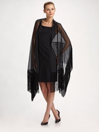 A pretty, sheer design with an elegant, long fringe border. PolyesterAbout 27½ X 70¾Dry cleanMade in Italy A pretty, sheer design with an elegant, long fringe border. PolyesterAbout 27½ X 70¾Dry cleanMade in Italy