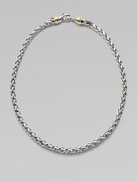 From the Silver Classics Collection. A striking chain in a woven wheat pattern of sterling silver manages to be at once graceful and bold, with 14k gold accents near the clasp. Sterling silver and 14k yellow gold Length, about 16 Lobster clasp Made in USA From the Silver Classics Collection. A striking chain in a woven wheat pattern of sterling silver manages to be at once graceful and bold, with 14k gold accents near the clasp. Sterling silver and 14k yellow gold Length, about 16 Lobster clasp Made in USA