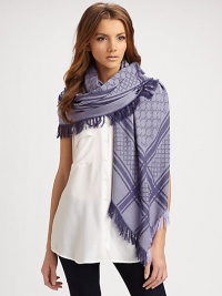Wool/silk GG pattern shawl with fringe trim. About 45 X 49 70% wool/30% silk; dry clean Made in Italy Wool/silk GG pattern shawl with fringe trim. About 45 X 49 70% wool/30% silk; dry clean Made in Italy