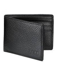 Pebbled leather billfold with two sections and three credit card slots. Logo stamped on front. Pebbled leather billfold with two sections and three credit card slots. Logo stamped on front.