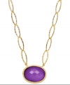 Adorn yourself with the season's hottest hues: jewel tones! This eye-catching pendant features a faceted oval-cut amethyst (10-3/4 ct. t.w.) set in 18k gold over sterling silver on a unique oval link chain. Approximate length: 18 inches. Approximate drop length: 5/8 inch. Approximate drop width: 1 inch.