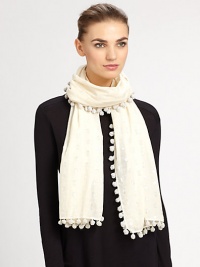 An eye-catching metallic pattern and pom-pom trim define this lightweight, must-have cotton accessory.Cotton with lurex23 X 78Dry cleanMade in India An eye-catching metallic pattern and pom-pom trim define this lightweight, must-have cotton accessory.Cotton with lurex23 X 78Dry cleanMade in India