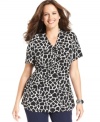 Snag safari style with Alfani's short sleeve plus size top, finished by a giraffe print-- pair it with your go-to casual bottoms.