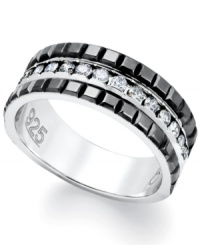 A sophisticated men's style, with a little shine too. Round-cut diamonds (1/2 ct. t.w.) decorate the center, while two rows of black enamel add definition to the outer edges. Ring set in sterling silver. Size 10-1/2. A sophisticated men's style, with a little shine too. Round-cut diamonds (1/2 ct. t.w.) decorate the center, while two rows of black enamel add definition to the outer edges. Ring set in sterling silver. Size 10-1/2.