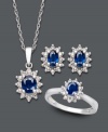 Let style reign supreme in this royalty-inspired jewelry set. Includes a matching pendant, stud earrings and ring each decorated by oval-cut sapphires (1-1/2 ct. t.w.) encircled by sparkling diamonds (1/3 ct. t.w.). Set in sterling silver. Approximate necklace length: 18 inches. Approximate pendant drop: 1/2 inch. Approximate earring diameter: 1/4 inches. Ring size 7.
