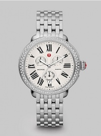 From the Serein Collection. Truly dazzle in this diamond accented technical timepiece. Quartz movementWater resistant to 5 ATMElliptical stainless steel case, 40mm (1.6) x 38mm (1.5) Diamond accented bezel, .6 tcwSilvertone dialRoman numeral hour markersDate display at 6 o'clockSecond hand Stainless steel link bracelet, 18mm (.7)Made in Switzerland From the Serein Collection. Truly dazzle in this diamond accented technical timepiece. Quartz movementWater resistant to 5 ATMElliptical stainless steel case, 40mm (1.6) x 38mm (1.5) Diamond accented bezel, .6 tcwSilvertone dialRoman numeral hour markersDate display at 6 o'clockSecond hand Stainless steel link bracelet, 18mm (.7)Made in Switzerland