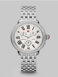 From the Serein Collection. Truly dazzle in this diamond accented technical timepiece. Quartz movementWater resistant to 5 ATMElliptical stainless steel case, 40mm (1.6) x 38mm (1.5) Diamond accented bezel, .6 tcwSilvertone dialRoman numeral hour markersDate display at 6 o'clockSecond hand Stainless steel link bracelet, 18mm (.7)Made in Switzerland 