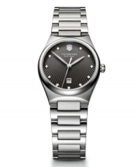 A timepiece that speaks volumes. Victoria collection watch by Victorinox Swiss Army crafted of stainless steel bracelet and round case with anti-sapphire crystal. Textured charcoal dial features applied silver tone dot markers, date window at six o'clock, logo at twelve o'clock and three hands. Swiss quartz movement. Water resistant to 100 meters. Three-year limited warranty. A timepiece that speaks volumes. Victoria collection watch by Victorinox Swiss Army crafted of stainless steel bracelet and round case with anti-sapphire crystal. Textured charcoal dial features applied silver tone dot markers, date window at six o'clock, logo at twelve o'clock and three hands. Swiss quartz movement. Water resistant to 100 meters. Three-year limited warranty.