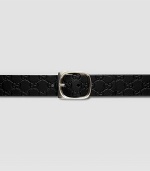 Leather with engraved square logo buckle. 1½ wide Made in Italy