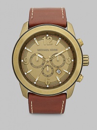 A signature design with a masculine edge, featuring an automatic movement in stainless steel casing and a genuine leather strap.Chronograph movementRound bezelWater resistant to 10ATMDate display at 5 o'clock Second handStainless steel case: 51mm(2.00)Leather braceletImported A signature design with a masculine edge, featuring an automatic movement in stainless steel casing and a genuine leather strap.Chronograph movementRound bezelWater resistant to 10ATMDate display at 5 o'clock Second handStainless steel case: 51mm(2.00)Leather braceletImported
