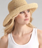 Packable wide brim style is hand-crocheted of natural raffia with an adjustable sizing cord. About 4 brim One size fits most Imported