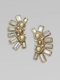 A stand-out, statement piece with faceted rhinestones and glass pearls. Glass stonesGlass pearlsBrassLength, about 1½14k gold filled post backImported A stand-out, statement piece with faceted rhinestones and glass pearls. Glass stonesGlass pearlsBrassLength, about 1½14k gold filled post backImported