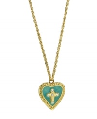 Add a layer of love and devotion. Vatican pendant features a unique way to show your faith with a heart-shaped cross design accented with a turquoise-colored enamel background. Setting, chain, and cross crafted in gold tone mixed metal. Approximate length: 18 inches. Approximate drop: 3/4 inch. Add a layer of love and devotion. Vatican pendant features a unique way to show your faith with a heart-shaped cross design accented with a turquoise-colored enamel background. Setting, chain, and cross crafted in gold tone mixed metal. Approximate length: 18 inches. Approximate drop: 3/4 inch.