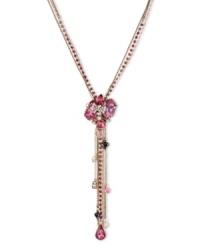 This Y-shaped necklace from Betsey Johnson is a colorful creation that flaunts fuchsia-colored crystal gem clusters, glass pearl bow accents, multi-chains with faceted beads, hematite tone bubble hearts and fuchsia-colored crystal teardrop. Crafted in antiqued gold tone mixed metal. Approximate length: 16 inches + 3-inch extender. Approximate drop: 5-1/4 inches. This Y-shaped necklace from Betsey Johnson is a colorful creation that flaunts fuchsia-colored crystal gem clusters, glass pearl bow accents, multi-chains with faceted beads, hematite tone bubble hearts and fuchsia-colored crystal teardrop. Crafted in antiqued gold tone mixed metal. Approximate length: 16 inches + 3-inch extender. Approximate drop: 5-1/4 inches.