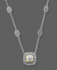 Step back in time with vintage-inspired design. Sterling silver links and filigree lead to an intricately-detailed square pendant with 14k gold center accented by round-cut diamonds (1/10 ct. t.w.). Approximate length: 18 inches. Approximate drop: 1/2 inch. Step back in time with vintage-inspired design. Sterling silver links and filigree lead to an intricately-detailed square pendant with 14k gold center accented by round-cut diamonds (1/10 ct. t.w.). Approximate length: 18 inches. Approximate drop: 1/2 inch.
