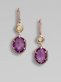 A pretty mix of green gold citrine and amethyst set in sterling silver and 18k gold, finished in the warmth of 18k rose goldplating. Green gold citrineAmethyst18k gold and sterling silver with 18k rose goldplatingDrop, about 1.37French wire backImported A pretty mix of green gold citrine and amethyst set in sterling silver and 18k gold, finished in the warmth of 18k rose goldplating. Green gold citrineAmethyst18k gold and sterling silver with 18k rose goldplatingDrop, about 1.37French wire backImported