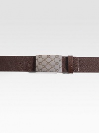 Leather with an engraved, dark nickel GG plaque buckle. About 1½ wide Made in Italy Leather with an engraved, dark nickel GG plaque buckle. About 1½ wide Made in Italy