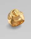 A radiant goldtone piece with a bold, signature skull center. Goldtone brassEmbossed skullWidth, about 1Made in Italy 