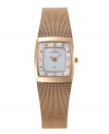 Signature Skagen Denmark mesh is styled in rose gold on this elegant watch. Rose-gold-plated stainless steel mesh bracelet and square case. Mother-of-pearl dial features rose-gold tone numerals at twelve, three, six and nine o'clock, crystal accents at markers, two hands and logo. Quartz movement. Water resistant to 30 meters. Limited lifetime warranty.