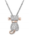 Purrfect your style! Every cat lover should own this adorable sparkling pendant. Crafted in 18k rose gold over sterling silver and sterling silver and decorated with dozens of round-cut diamonds (1/5 ct. t.w.). Approximate length: 18 inches. Approximate drop: 5/8 inch.