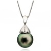 14k White Gold Diamond Illusion 9-10mm Perfect Round Black South Sea Tahitian Pearl Pendant 16 Length Chain Necklace AAA Quality.