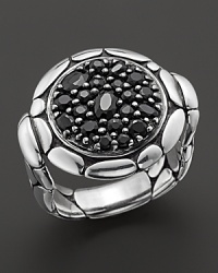 From the Kali Lavafire collection, a small round ring centered with black sapphires, designed by John Hardy. From the Kali Lavafire collection, a small round ring centered with black sapphires, designed by John Hardy.