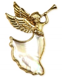 Trumpet in festive fashion with Jones New York. This darling box pin is styled in an angel design and is embellished with plastic stones and a mother-of-pearl finish. Crafted in gold tone mixed metal. Approximate length: 2-1/2 inches. Includes gift box. Trumpet in festive fashion with Jones New York. This darling box pin is styled in an angel design and is embellished with plastic stones and a mother-of-pearl finish. Crafted in gold tone mixed metal. Approximate length: 2-1/2 inches. Includes gift box.