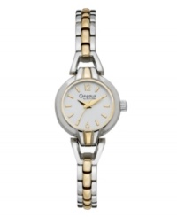 A perfectly petite dress watch styled in traditional two-tone metal. By Caravelle by Bulova. Two-tone bracelet and round case. Silver tone sunray dial features gold tone numerals at twelve and six o'clock, stick indices, three hands and logo. Quartz movement. Water resistant to 30 meters. Two-year limited warranty. A perfectly petite dress watch styled in traditional two-tone metal. By Caravelle by Bulova. Two-tone bracelet and round case. Silver tone sunray dial features gold tone numerals at twelve and six o'clock, stick indices, three hands and logo. Quartz movement. Water resistant to 30 meters. Two-year limited warranty.