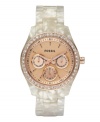 Pearly white and rosy gold tone combine with rich effect on this Stella watch by Fossil.