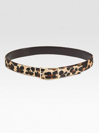 Leopard-print Italian hair calf reverses to smooth semi-gloss leather with brass hardware for an easy, multipurpose look. About 1¼ wide Nubuk calf lining Made in USA Leopard-print Italian hair calf reverses to smooth semi-gloss leather with brass hardware for an easy, multipurpose look. About 1¼ wide Nubuk calf lining Made in USA