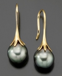 Fill your look with delicate mystique. These beautiful drop earrings feature cultured Tahitian pearls (8-9 mm) set in 14k gold. Approximate drop: 1 inch. Fill your look with delicate mystique. These beautiful drop earrings feature cultured Tahitian pearls (8-9 mm) set in 14k gold. Approximate drop: 1 inch.