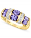 Purple reigns in this ring from Le Vian. Oval-cut tanzanite stones (2 ct. t.w.) are set in a ring crafted from 14k gold that's adorned with round-cut diamonds (1/10 ct. t.w.) for a stylish effect. Size 7.